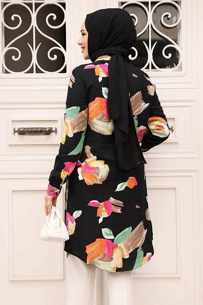 Neva Style Tunica din viscoza hijab neagra cu model 11729S