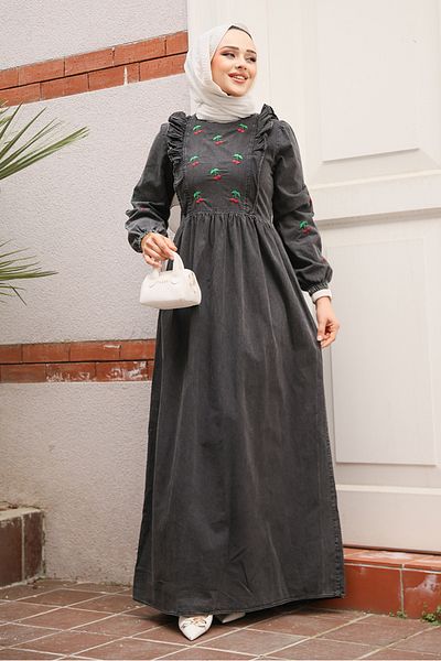 Neva Style Cherry Patterned Anthracite Hijab Denim Dress 19146Ant