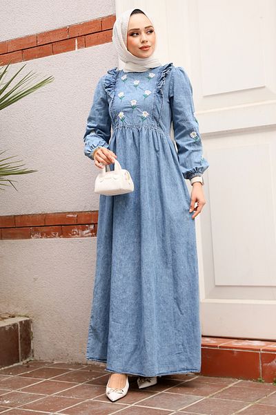 Neva Style Floral Patterned Dark Blue Hijab Denim Dress 19145Km