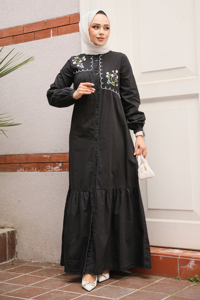 Neva Style Buttoned Black Hijab Denim Dress 19147S