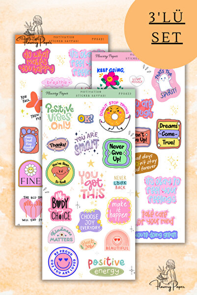 Flowery Paper 3'lü Motivatıon Sticker Sayfası -42 adet, Defter,ajanda ,journa...