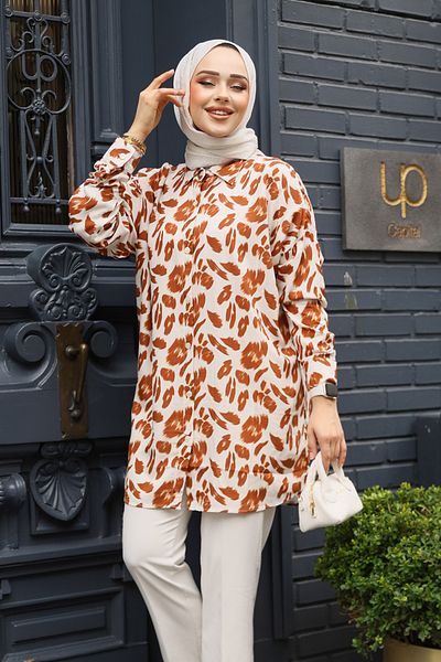 Neva Style Patterned Tan Hijab Tunic 20416Tb