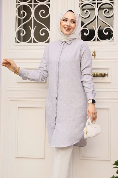 Neva Style Buttoned Gray Hijab Tunic 11734Gr