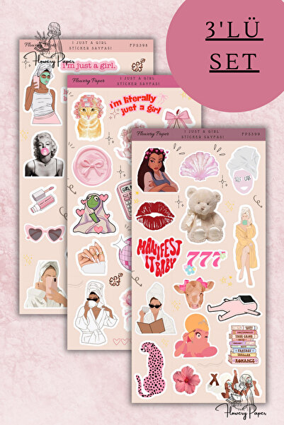 Flowery Paper 3'lü Just A Girl Aesthetic Sticker Sayfası - 38 adet,Defter,aja...