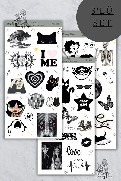 Flowery Paper 3'lü Siyah Aesthetic Sticker Sayfası -42 adet, Defter,ajanda ,j...