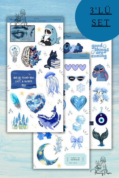 Flowery Paper 3'lü Mavi Aesthetic  Sticker Sayfası - 42 adet, Defter,ajanda ,...