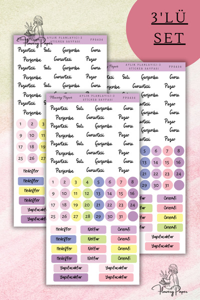 Flowery Paper 3'lü Aylık Planlayıcı Mor Sticker Sayfası -72 adet, Defter,ajan...