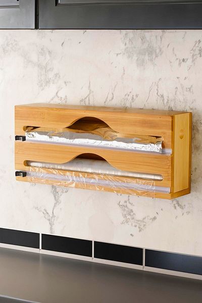 Woodcept Bamboo 2 Pack Stretch Film Cutter Organizer and Aluminum Foil Dispenser
