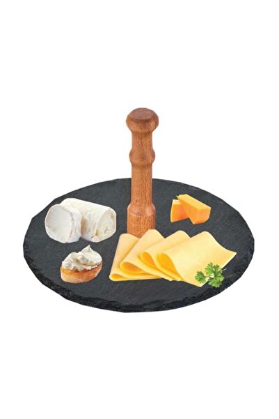 Taboo Slate Stone Presentation Tray 20 cm Round Presentation Tray Plate with Wooden Handle