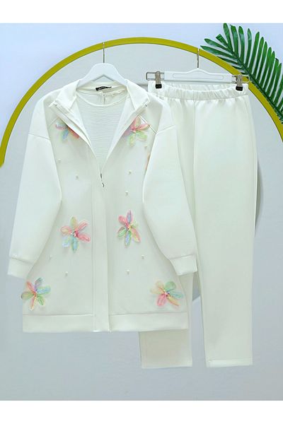 Modamorfo Organza Tulle Floral Pearl Detailed Zippered Scuba Suit -White