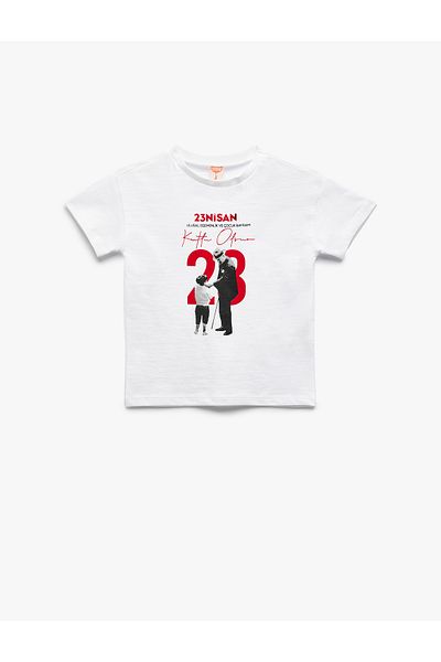 Koton Crew Neck Short Sleeve Cotton April 23 and Ataturk Printed T-Shirt