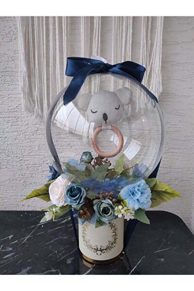 Genel Markalar Büyülü Balon-Mavi Beyaz Çiçek Buketi Bebek Çıngırak Doğum Hedi...