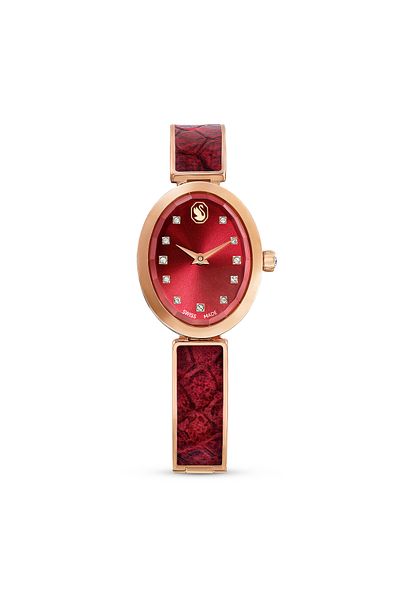 Swarovski Crystal Rock Oval Watch, Swiss Made, Metal Bracelet, Red, Rose Gold Color Surface