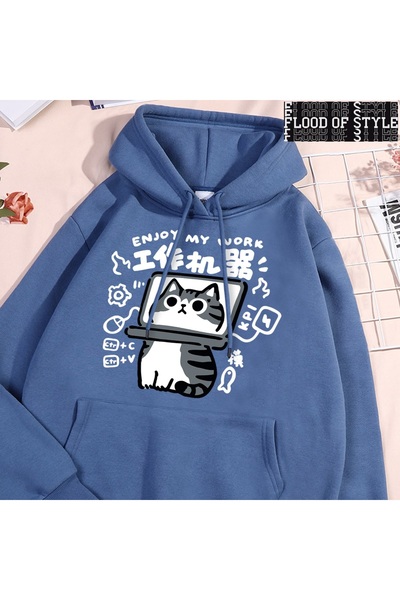 Flood Of Style Hip Hop Harajuku Vintage Style Fun tool pisică imprimare Albastru