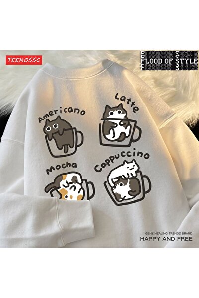 Flood Of Style Hip Hop Harajuku Vintage Style Cat καφές ζεστό λευκό