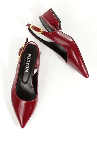 Ayakkabı Podyumum '' Belle'' Burgundy Patent Leather Pointed Toe Back Open Big Buckle 3 cm Thick Heel New Season