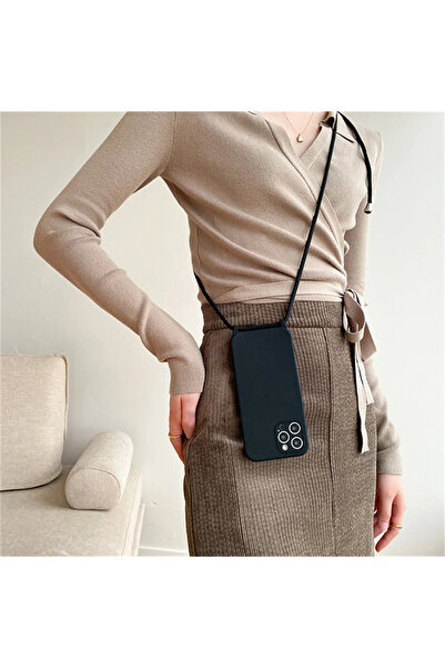 Choice جراب سيليكون سائل أسود اللون مع قلادة وحبل وحزام لهاتف iPhone 15 و13 و...