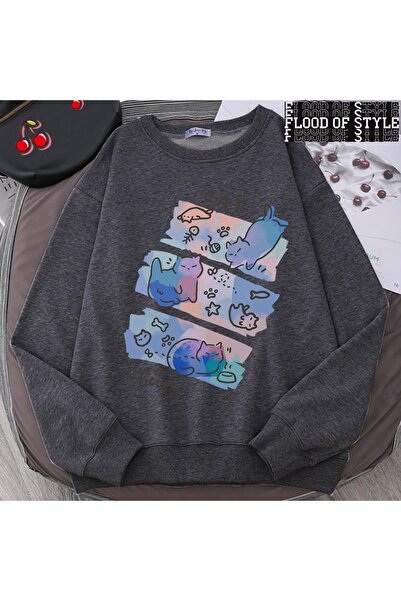 Flood Of Style هيب هوب هاراجوكو نمط عتيق مرح قطة شريرة لطيف رمادي