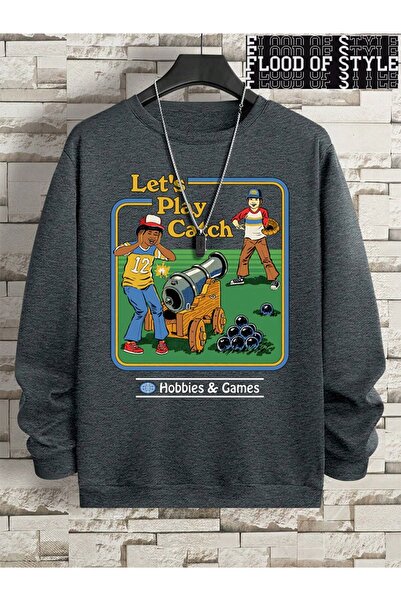 Flood Of Style Hip Hop Harajuku Vintage Style Let's Play Catch Hobbies Games Grey