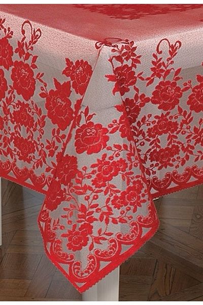 WENESSİ Red Rose Patterned Knitted Tulle Tablecloth