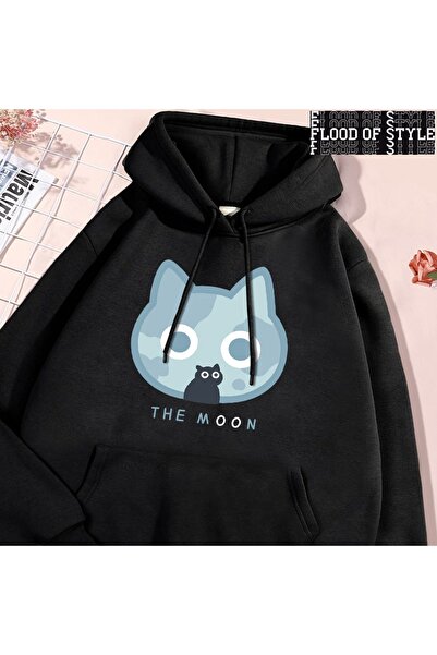 Flood Of Style Hip Hop Harajuku Stil Vintage Moon Blue pisică Fun Print Negru