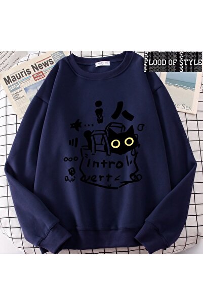 Flood Of Style Hip Hop Harajuku Vintage Tarzı Bir içe dönük kedi eğlenceli sevimli Lacivert