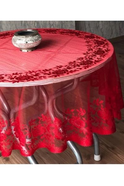 enesçeyiz Kdk Knitted Tulle Rose Pattern Round Tablecloth (RED) 160×0 Cm