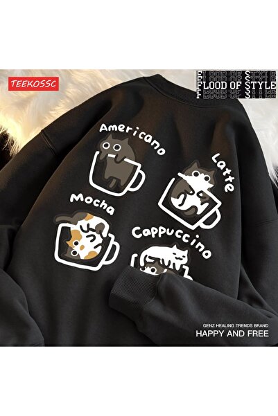 Flood Of Style Hip Hop Harajuku Stil Vintage pisică cafea caldă Negru