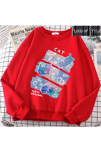 Flood Of Style Hip Hop Harajuku Stil Vintage Distracție Curioasă pisică Roșu