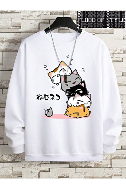 Flood Of Style Hip Hop Harajuku Stil vintage Drăguț Stivuit pisică alb