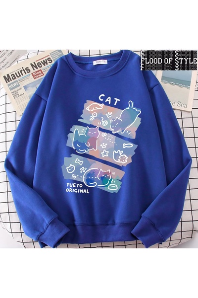 Flood Of Style Hip Hop Harajuku Vintage Στυλ Διασκεδαστική Παραστασιακή γάτα Μπλε