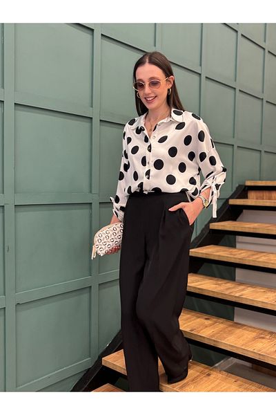 AYHAN Silk Satin Shirt with Front Buttons, Elastic Front and Long Polka Dots on the Back