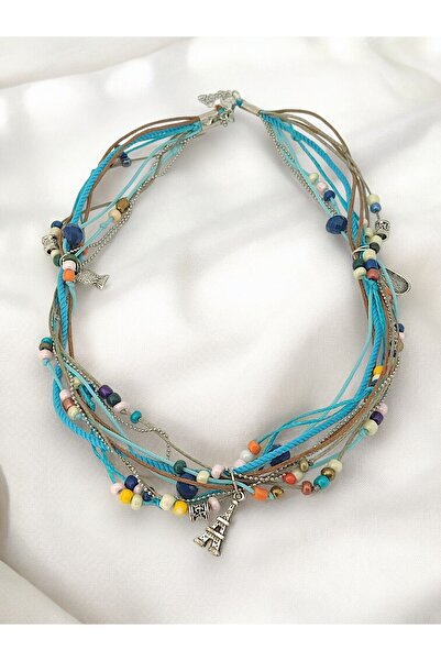 dela otantik El Yapımı Etnik Otantik Bohem Tarz Mavi Kadın Kolye