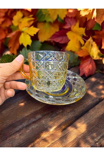 AYZ HOME Colorful Cut Crystal Glass Set of 6 Tea-Double Coffee Cups / Large Size