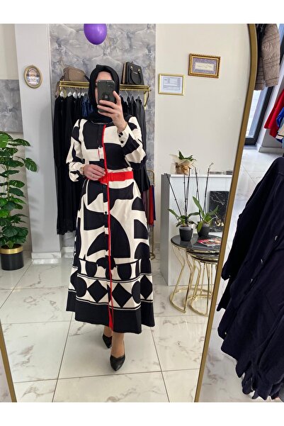 Anka Atlas kumaş desenli tesettür elbise