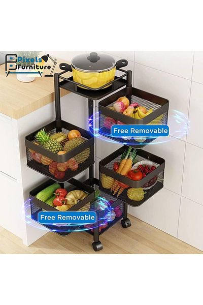 PixelsFurniture Pixel Furniture Multi-Tier Kitchen Storage Shelves, 5-Tier Rotating Steel Shelf, White Square