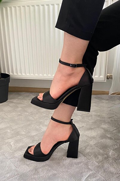 Preshley Women's Verlino Black Satin Single Strap Ankle Strap 10 cm Platform Heeled Shoes