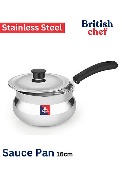 British Chef Stainless Steel Sauce Pan 16cm, Mirror Finish, Even Heat Distribution, Durable & Easy To Clean Bc701