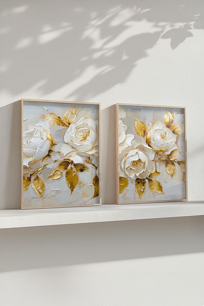 STARYUNA Painting with Wooden Frame, Set of 2 Oil Effect White Rose Painting with Wooden Frame Yuna79