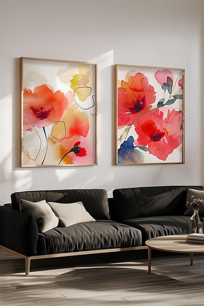 STARYUNA Wooden Framed Painting, Set of 2 Watercolor Effect Red Flower Wooden Framed Painting Yuna81