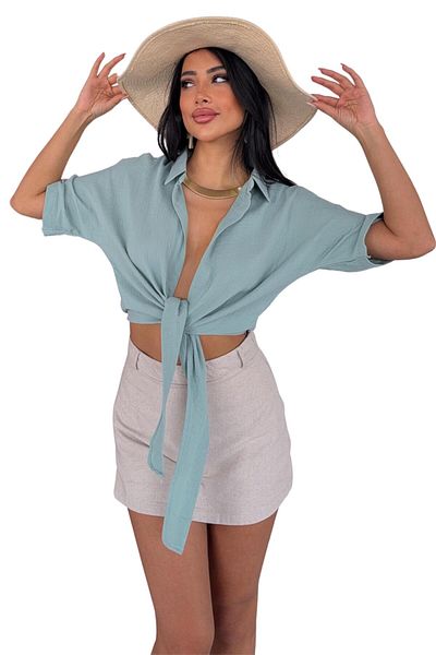 Moda Amore Cămașă crop pentru femei - țesătură muselină din bumbac 100% cu detaliu de șireturi Vară 1005