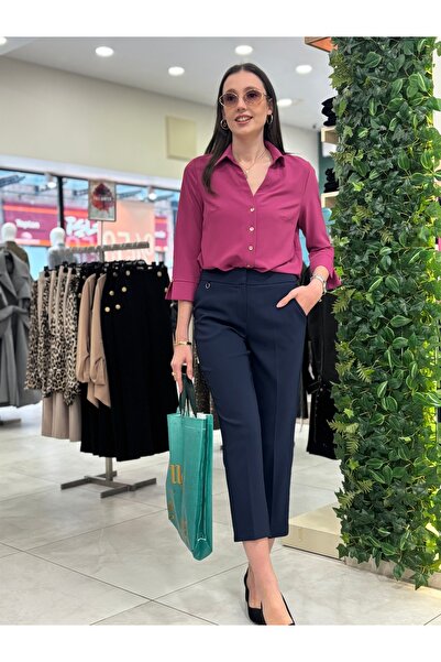 AYHAN Three Quarter Sleeve, Sleeves and Button Detailed Chiffon Shirt