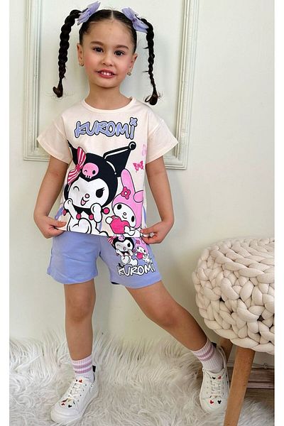 LİLLYPİCCA Cute Cat Patterned Girl's Pocket Shorts Suit (Size Table Available in Images)
