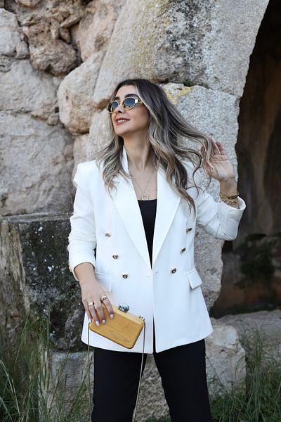 bytugcekaya White Buttoned Double Breasted Blazer - Prive