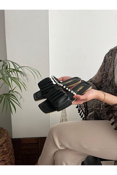 Behtah Kundura Papuci de damă, cu șnur, perle negre, confortabili, zilnic