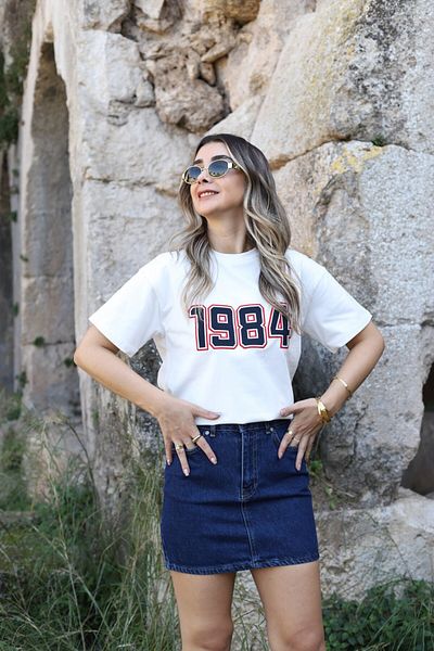 bytugcekaya Ecru Navy Blue Number Printed Tshirt