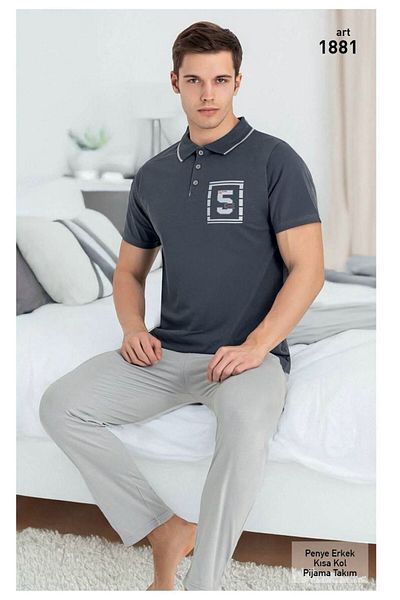 XORVİO Men's Cotton Button Collar Pajama Suit, T-Shirt, Trousers, Jacket, Lapel, Short Sleeve Suit, with Pockets