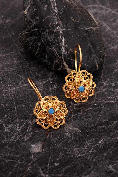 Sümer Telkari Turkuaz Taşlı Telkari Elişi Altın Kaplama Gümüş Çiçek Küpe 7252