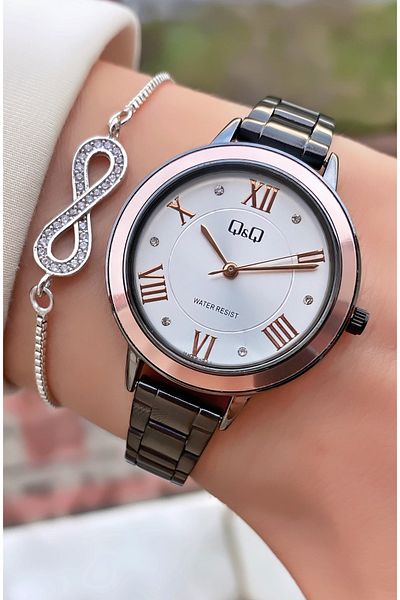Q&Q Merand Brand Black Color Thin Cord Women's Wristwatch with Bracelet Gift