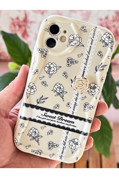 Fibaks İphone 11 Uyumlu Kılıf Tasarımlı Desenli Kamera Korumalı Gül Sweet Dream Beyaz Silikon Kapak